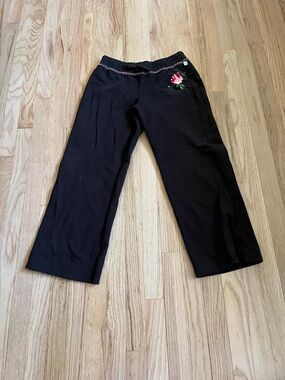 Brown Wide-Leg Pants with Embroidered Flower